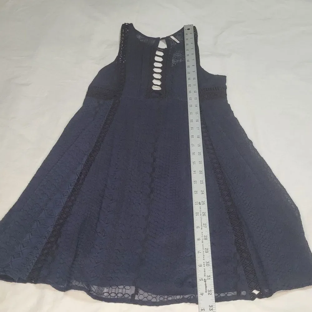 Free People Mini Tank‎ Dress Sz 4 Crochet Cutout Skater Navy Black Lined Pockets